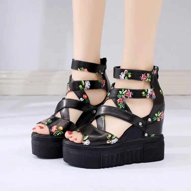 

2020 summer New Roman sandals women's high heel floral lace up super high heel muffin slope heel fish mouth shoes