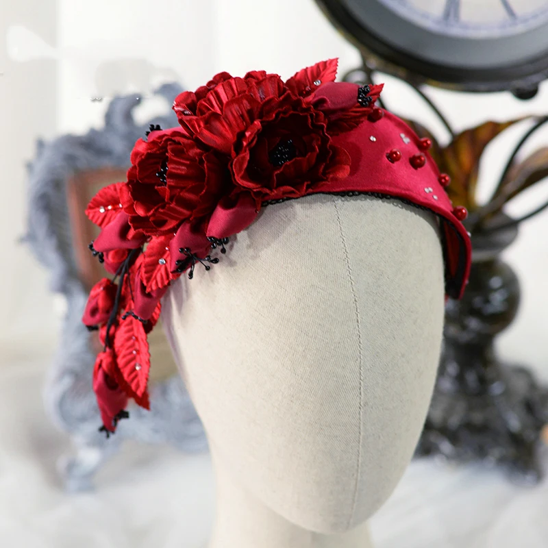 

HIMSTORY Red flower Cloth Hairband Baroque Beads Handmade Headband Hair Accessories Jewelry Wedding Stage Hairwear