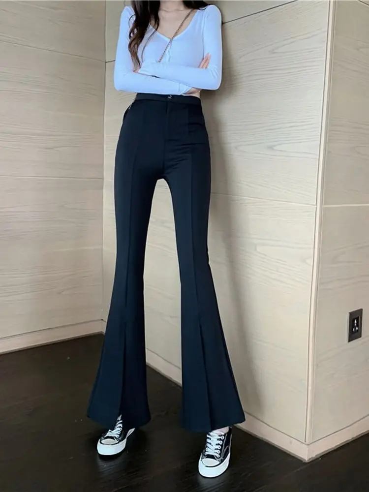 

2021 New Quarter Women's Elastic Waist Solid Flare Pants Stretchy Bell Bottom Black Split Suit Trousers New Arrival Clothing