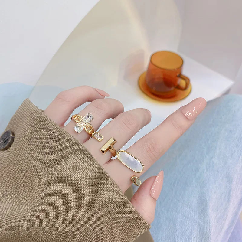 2021 Fashion Korean Oval Shell Opening Rings for Women Micro-zircon Metal 14k Gold-plated Open Ring Gothic Girls Sexy Jewelry | Украшения и