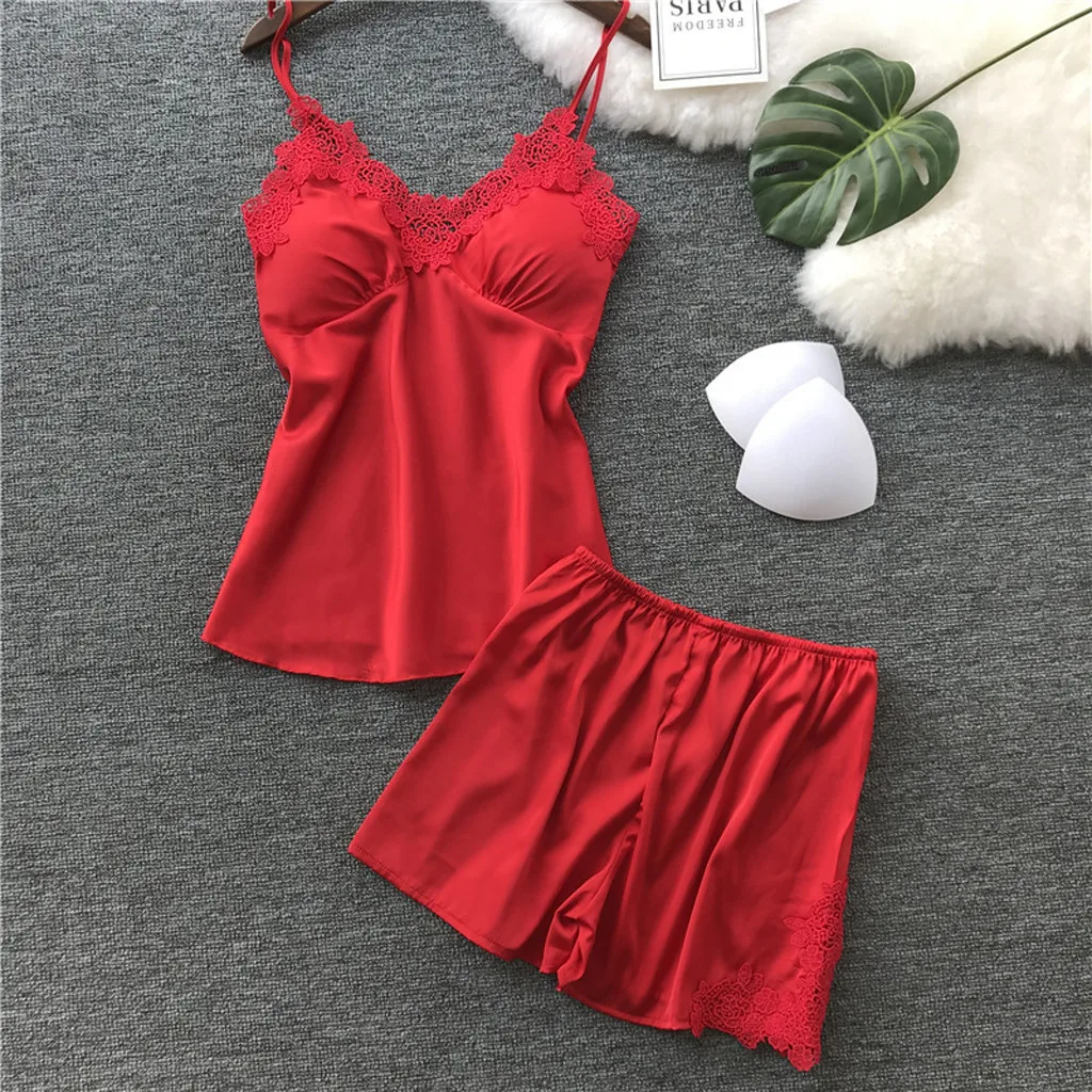 

Women Sexy Sleepwear Satin Sling Lingerie Lace Nightwear Comfortable Cami+Shorts Underwear Set Summer Pajamas Hot Sell Ropa*4q