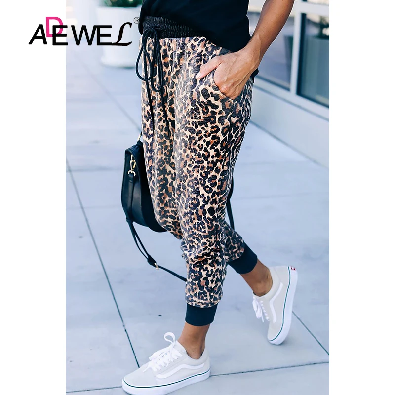 

ADEWEL Autumn And Winter Leopard Cotton Pocketed High Waist Joggers Mujer Pantalones Pantalon Femme Woman Pants Spodnie Damskie