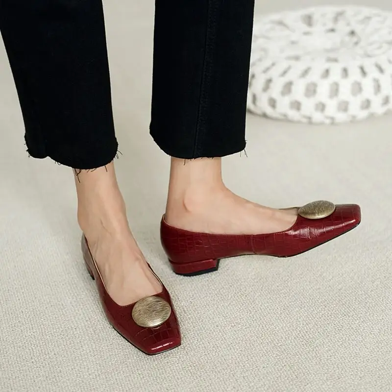 

ALLBITEFO fashion retro genuine leather thick heels women shoes square toe low-heeled comfortable women heels ladies shoes