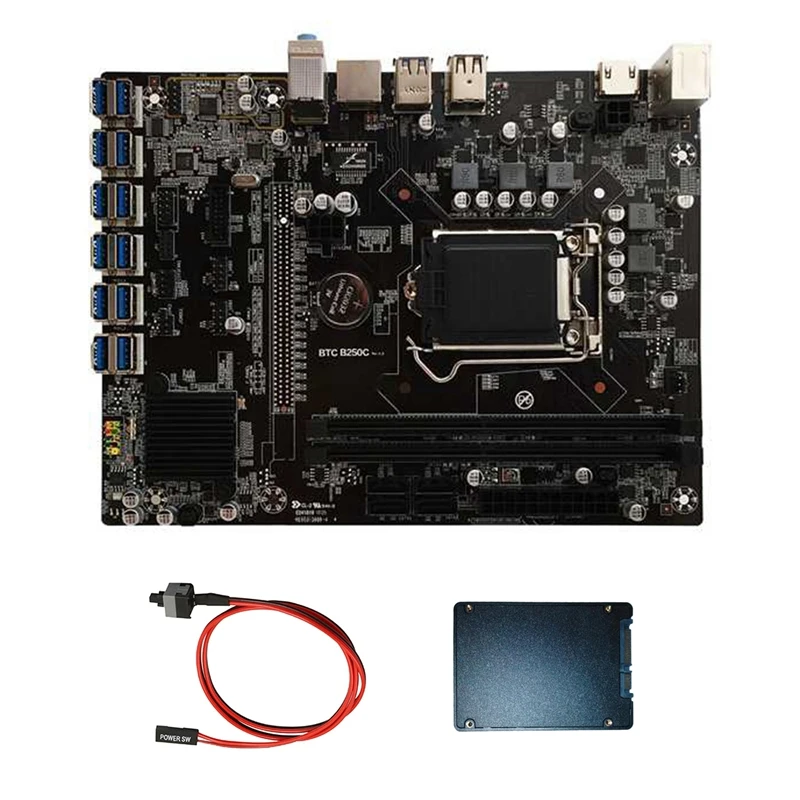 Материнская плата B250C для майнинга BTC с 128G SSD + кабель переключателя 12xpcie на USB3.0