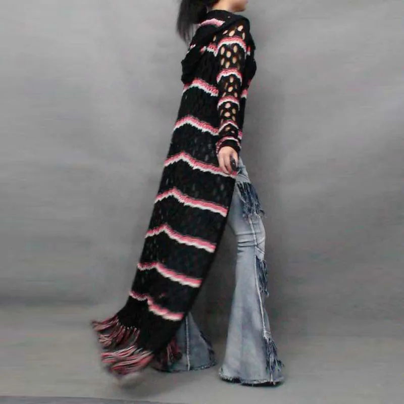 Женский трикотажный кардиган с кисточками повседневное длинное пончо разрезом