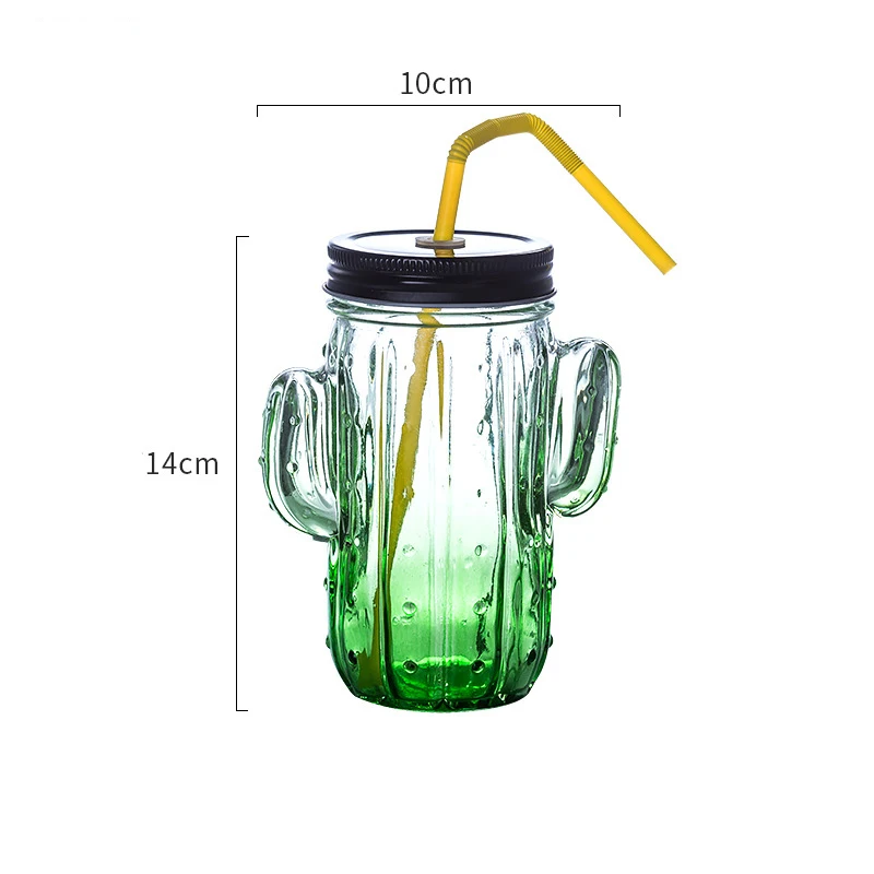 

Glass Straw Cup Cactus Pattern with Lid Breakfast Milk Mug High Temperature Resistance with Handle Bar Home Kitchen Drinking Cup
