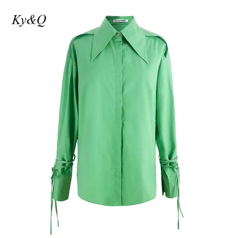 

Popular Colors Retro Green Loose Lazy Style Big Pointed Collar Chic Design Shirt Woman Bandage Casual Blouses Designer Clothes