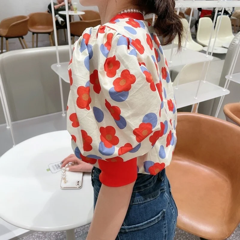 

Korean Chic Print Puff Short Sleeve Shirt Women 2021 Summer Vintage Floral Woman Blouses Fashion O-Neck Loose Tops Blusas 14195