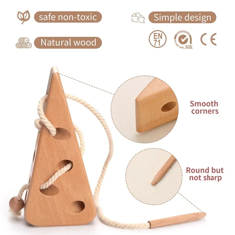 Wooden Cheese Stringing Toy for Children DIY Threading Board Lacing Beech Wooden Monterssori Toys Kids Wood Game Set Baby Gifts