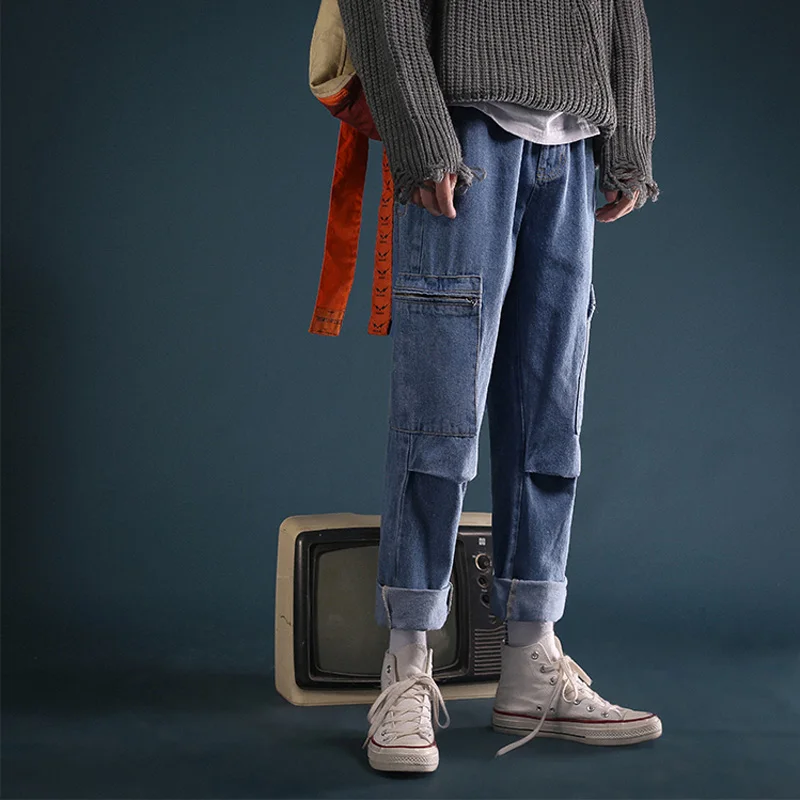 

Spring autumn 2021 Fashion men's Hong Kong style trendy loose tooling jeans Korean style all-match straight-leg harem trousers