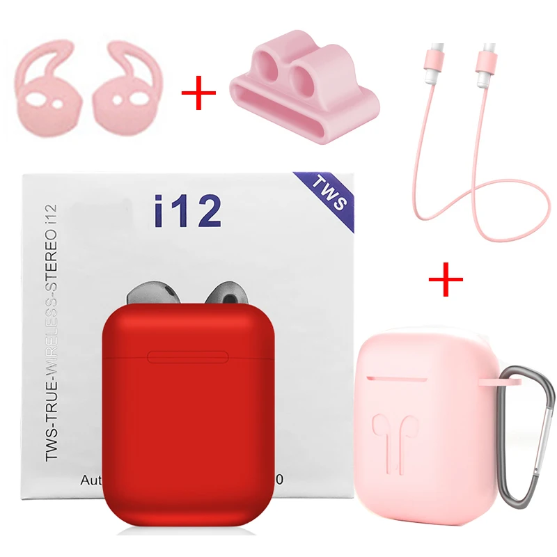 Red - Pink Cases I12 Наушники Беспроводные Bluetooth 5,0 Спортивные Беспроводные наушники с аксессуары для наушников кожаный чехол для i9s i10 i7s i200 TWS - Цвет: Red - Pink Cases