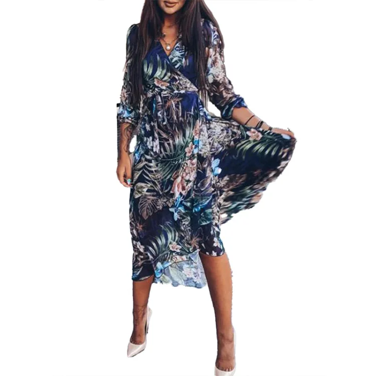 

2021 new women's pattern mid-sleeve one-piece midi dress dress for women