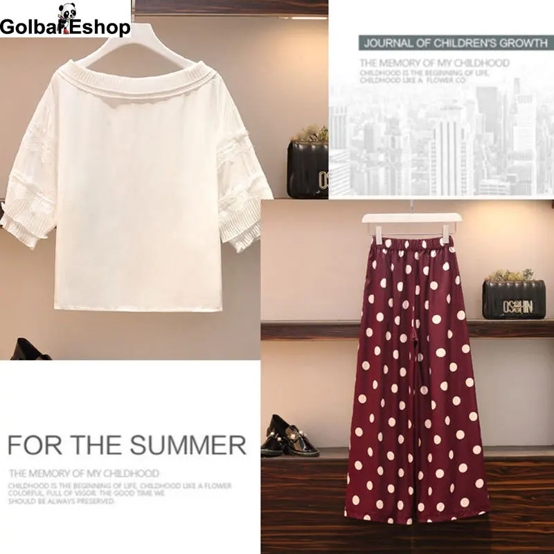 

New Korean Polka Dot Wide Leg Pants Ruffled Doll Collar Chiffon Shirt Two-piece Suit Summer Trousers Suit Female Plus Size