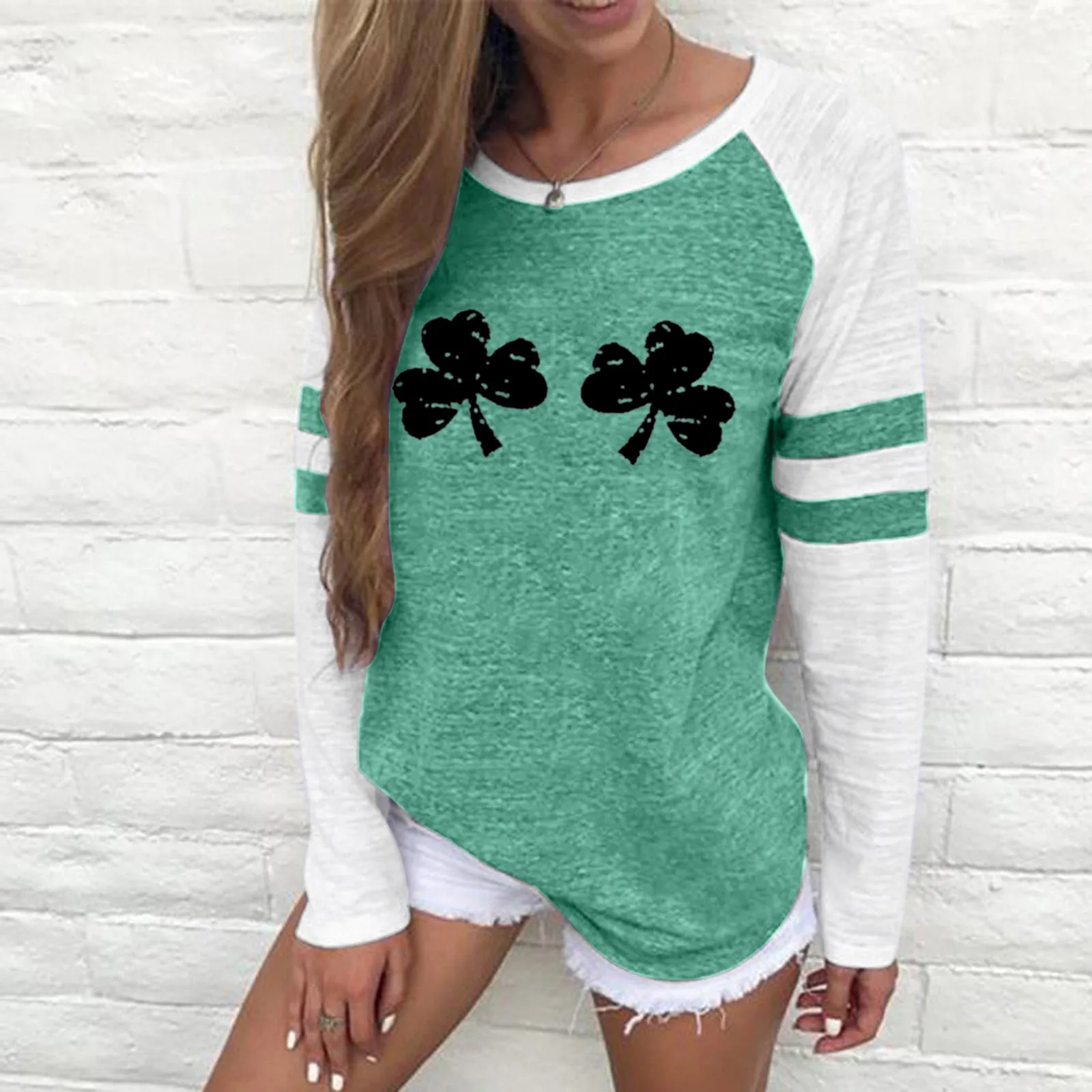 

St. Patrick's Day T-shirts Women Funny T Shirt Plus Size Printing Stripe Sleeve Tops Tees Femme Verano Mujer Casual Blouse