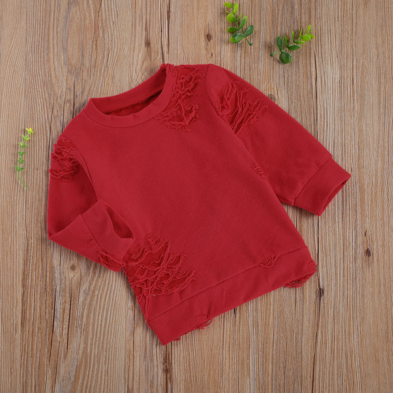 Kids Ripped Pullover Fashion Solid Color Round Neck Long Sleeve Blouse Top for Boys Girls Retro Tops Red/Black 3M-4Y Sweatshirts