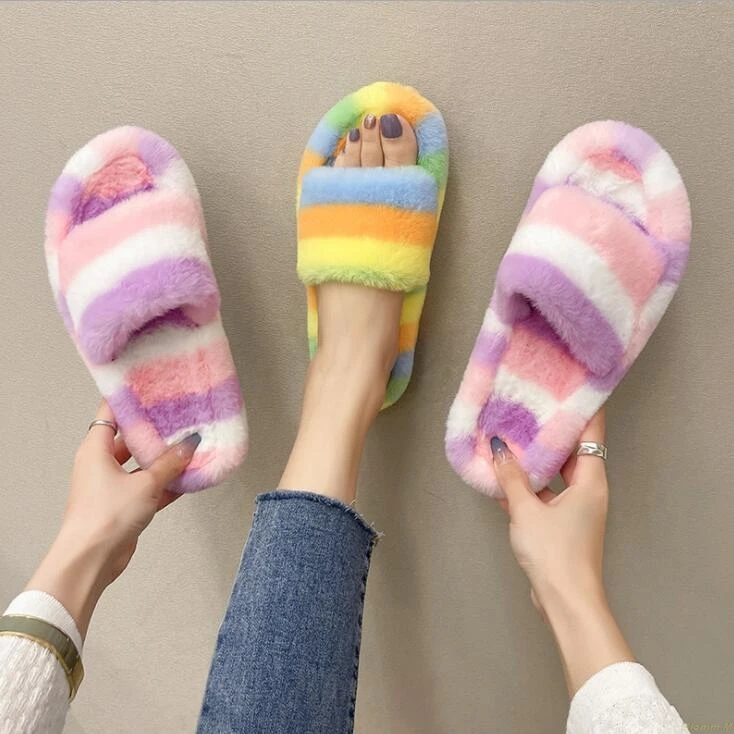 

Горячая Распродажа 2021, радужные однослойные меховые тапочки, женские цветные, новинка, большие размеры, тапочки, двойные домашние теплые та...