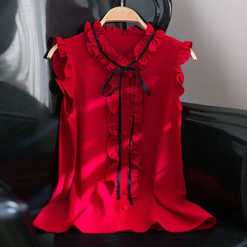 

Women Casual Vest Summer Korean Chiffon Sleeveless Ruffle Tanks O Neck Tops Office Lady Solid Color Tank Tops Femme Clothes Z63