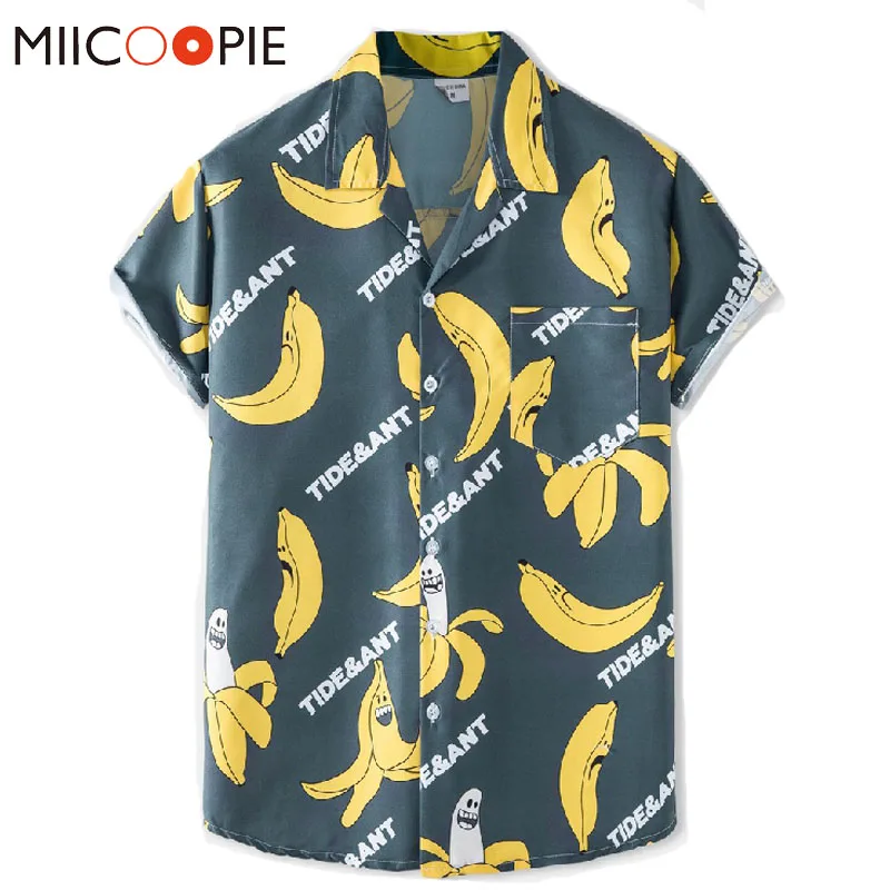 

Summer Button Up V-Neck Mens Casual Shirt Tops Short Sleeved Banana Print Camisa Hombre Verano Baggy Hawaii Blouse Men Women