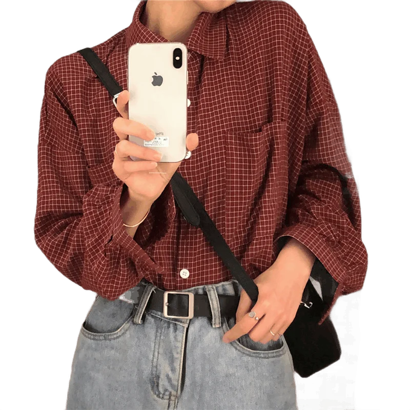 

Women Shirts Turn-down Collar Blouse Long Sleeve Plaid Outwear Pocket White Korean Style Students Ulzzang Leisure All-match Chic
