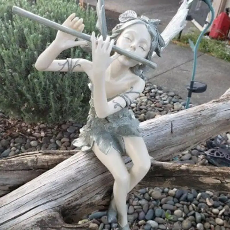 Resin Flute Flower Fairy Statue Sitting Angel Sculpture Figurine Craft Landscape Art Yard Garden Home Ornament Gift