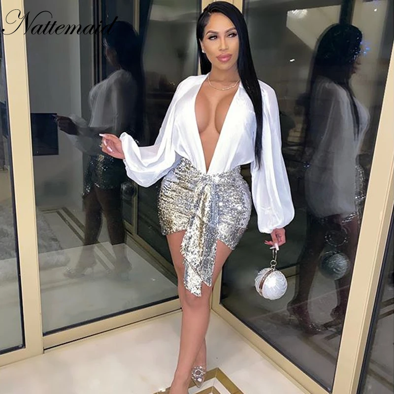 NATTEMAID осень пайетки пэчворк сексуальное платье женское с глубоким V образным