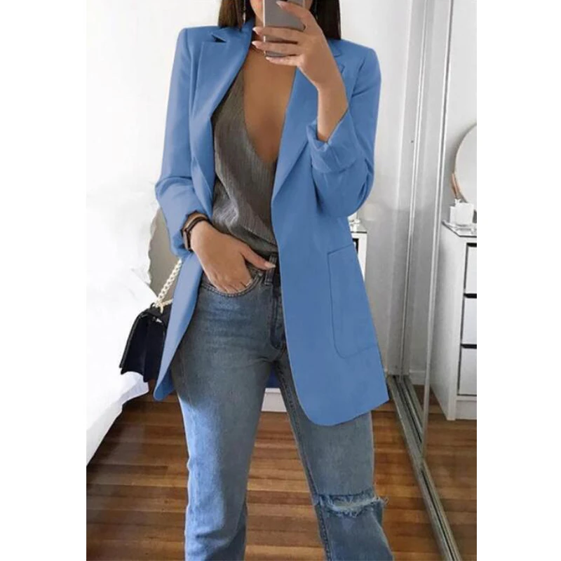 Однотонные женские куртки и пальто 5XL размера плюс, Осеннее болеро с длинным рукавом и отложным воротником, женские куртки с карманами