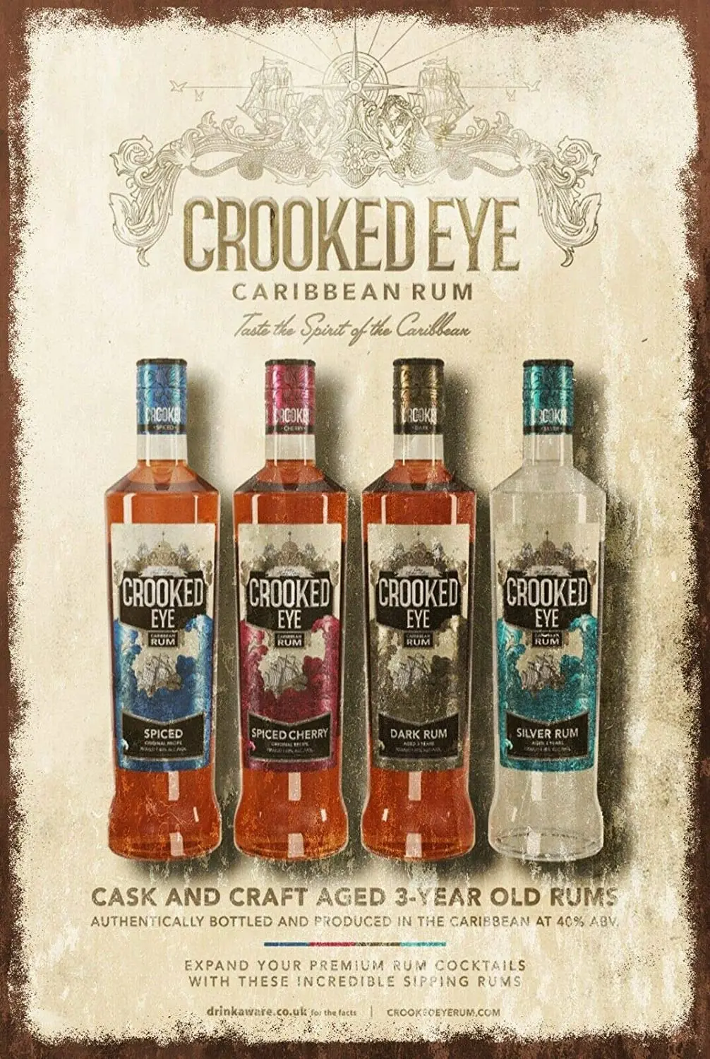 

Crooked Eye Caribbean Rum Decor Signs 12x8 Inch Metal Tin Sign