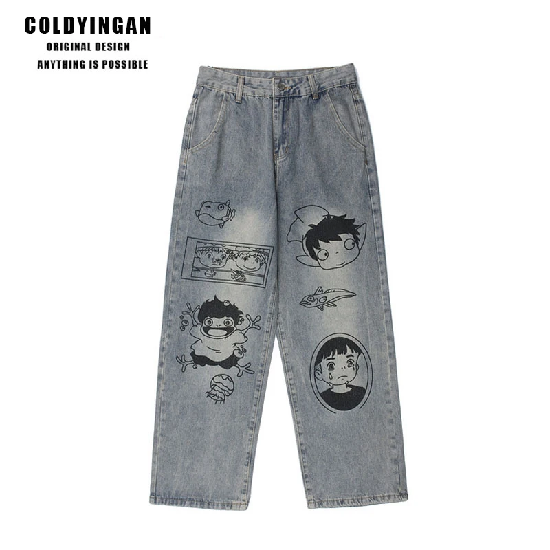 

ColdYingan 2021 Anime Print Man Jeans Streetwear Men Jeans Hip Hop Pants Fashion Baggy Jeans Punk Pants Cartoon Men Trousers