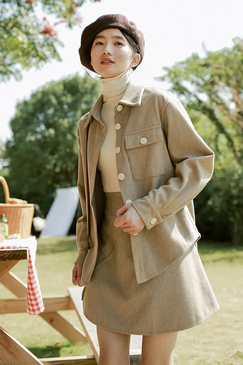 

ICHOIX Autumn And Winter New Retro Thin Striped Thick Woolen Jacket All-match Skirt Two-Piece Suit Women Office Outfits