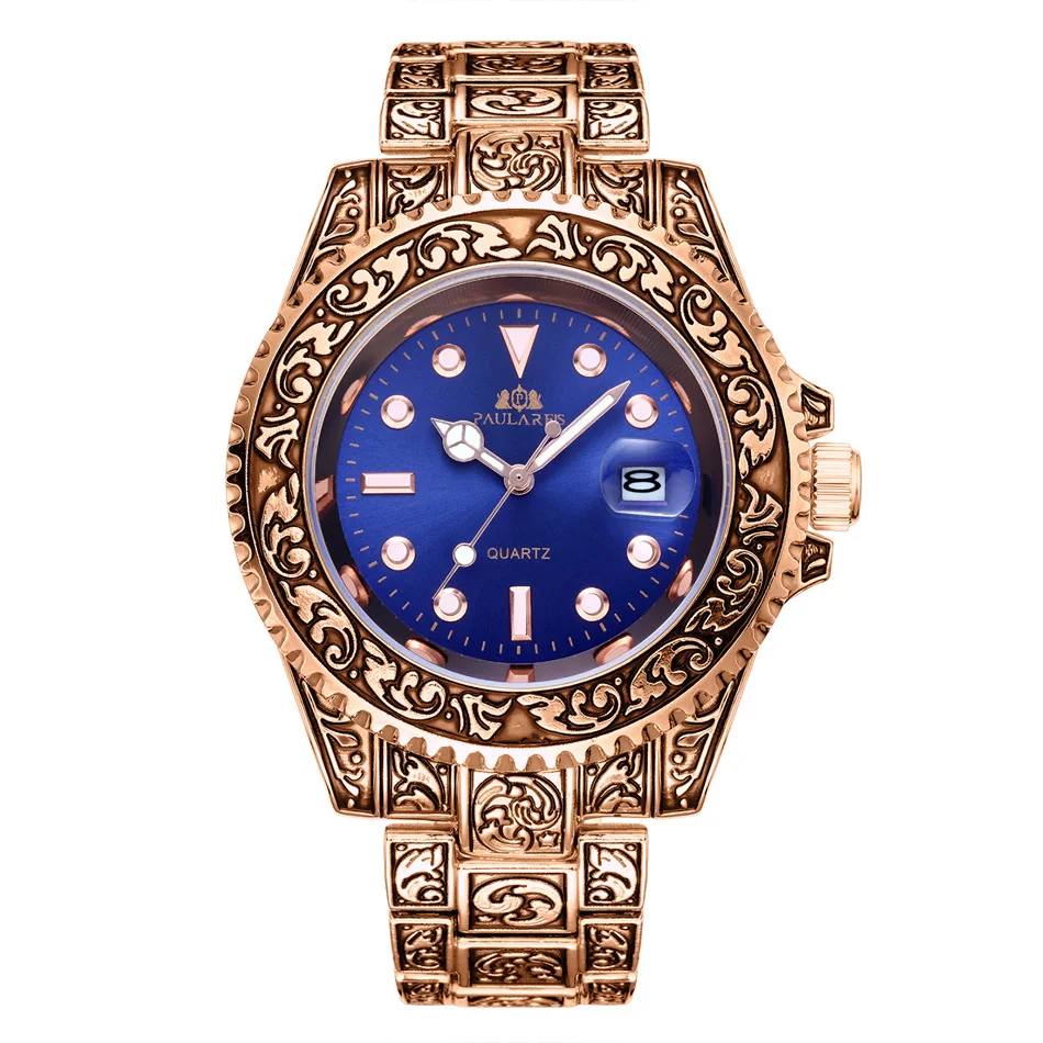Rose Gold Blue Роскошные резные антикварные винтажные светящиеся розовые Золотые желтые золотые серебряные Красные Зеленые Синие градиентные Модные Классические кварцевые мужские часы - Color: Rose Gold Blue