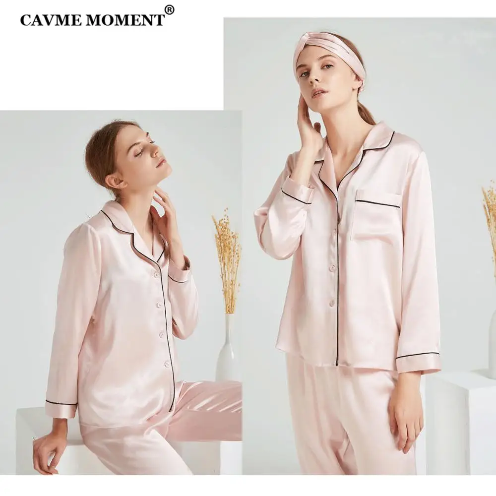 CAVME Luxury Silk Pajama Sets for Women Ladies Full Sleeve Sleepwear 2 Pieces Nightwear PLUS SIZE Homechothes Solid Color