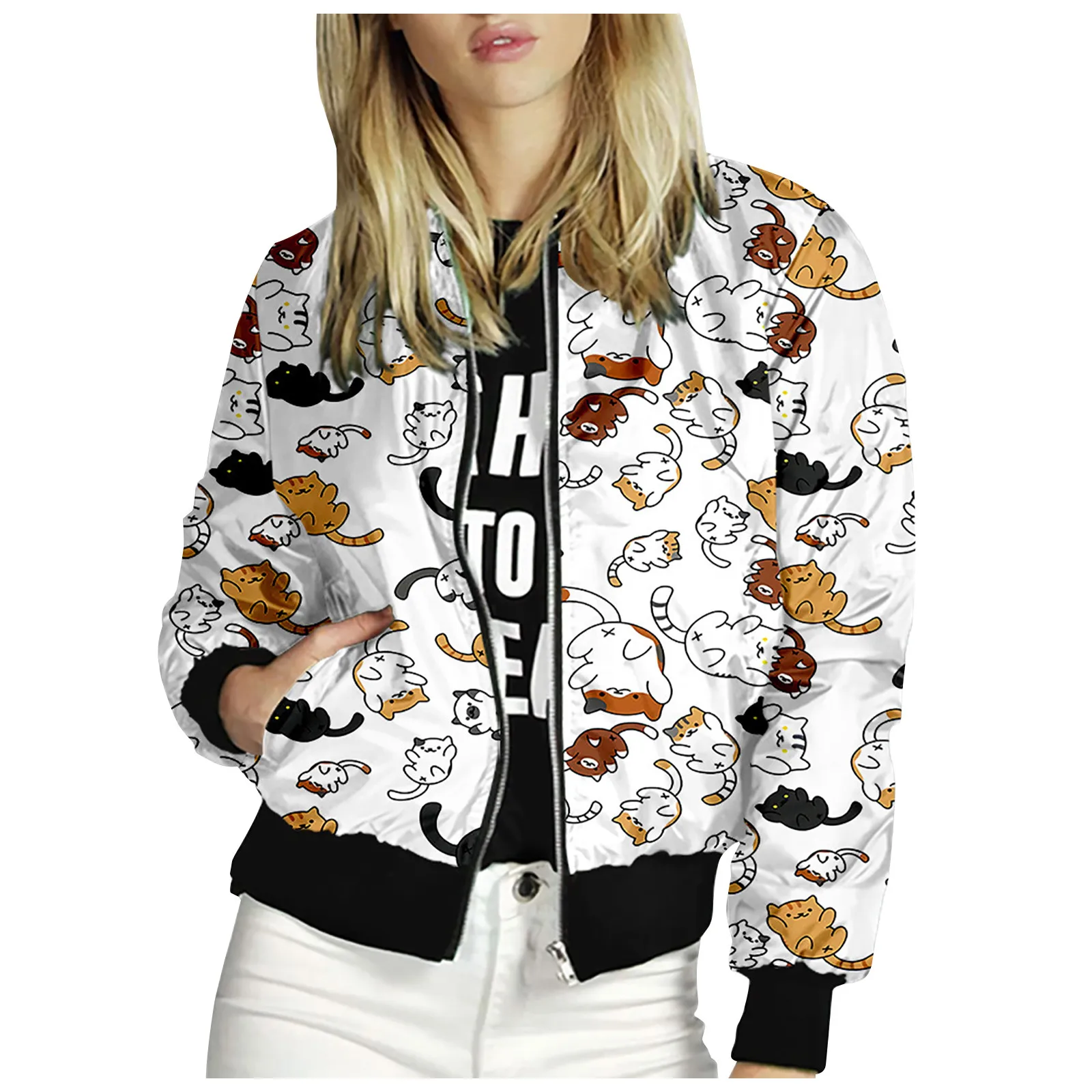 

Harajuku Women's Casual Jackets Kawaii Cute Cartoon Cats Print Zipper Fly Jackets With Pockets Streetwear sobretudo feminino