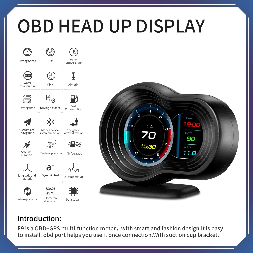 100% фирменный дисплей HUD F9 OBD2 для контроля скорости головы с тестом ускорения