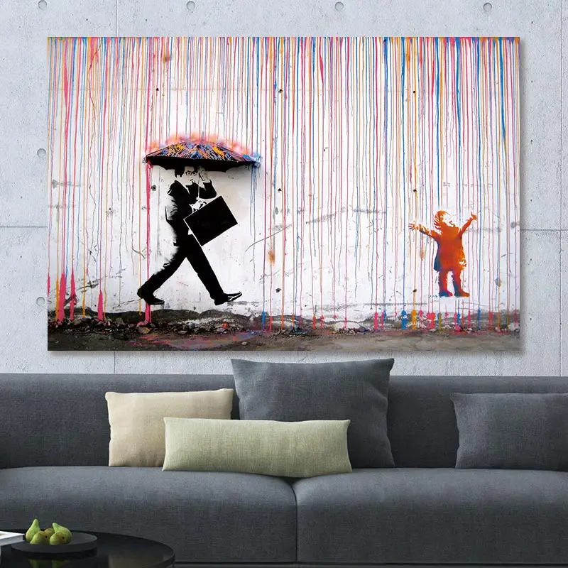 Banksy красочные дождь стены искусства холст картина домашний декор, произведение искусства плакаты и принты настенные картинки без рамки