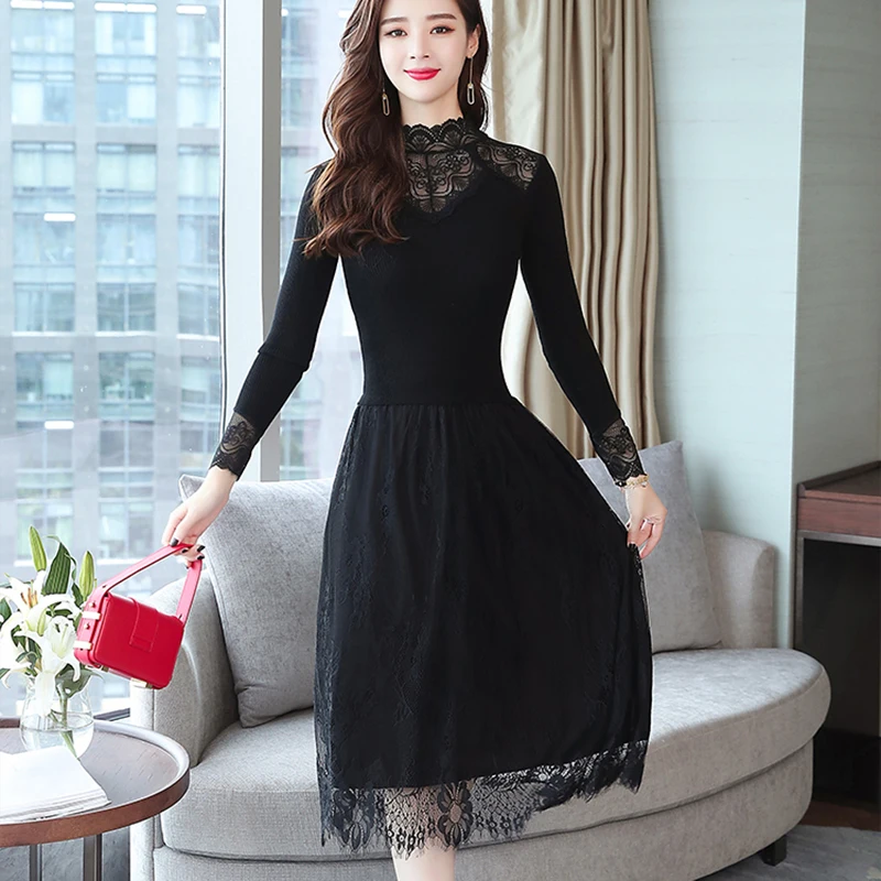 

2021 Spring Winter Knitting Cotton Vintage Vestidos Plus Size Women Bodycon Casual Black Velvet Dress Party Sexy Lace Midi Dress