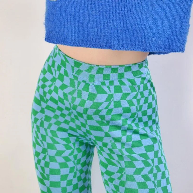 

Wide Leg Knitted Pants Checked Vintage Summer 2021 Female Plaid Print High Waist Casual Streetwear Women Long Trousers Sweatpant