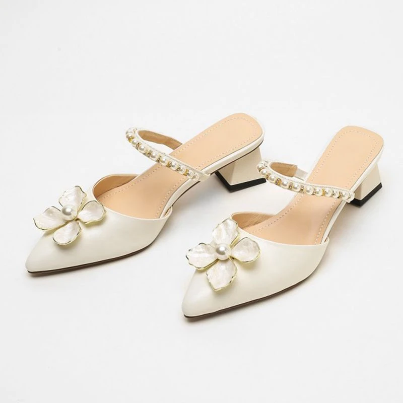 Verkaufen REAVE KATZE Frühling Sommer Neue Frauen Slipper Echtem Leder Halbe Dicken Heels Spitz Elegante Blume Maultiere Casual Schuh 42 B2616