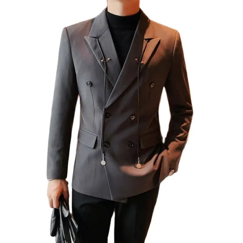 

New Tailored Bandage Decorate Blazer Black Peaked Lapel Double Breasted Mens Stylish Blazer British Fashion Casual Slim Fit Wear