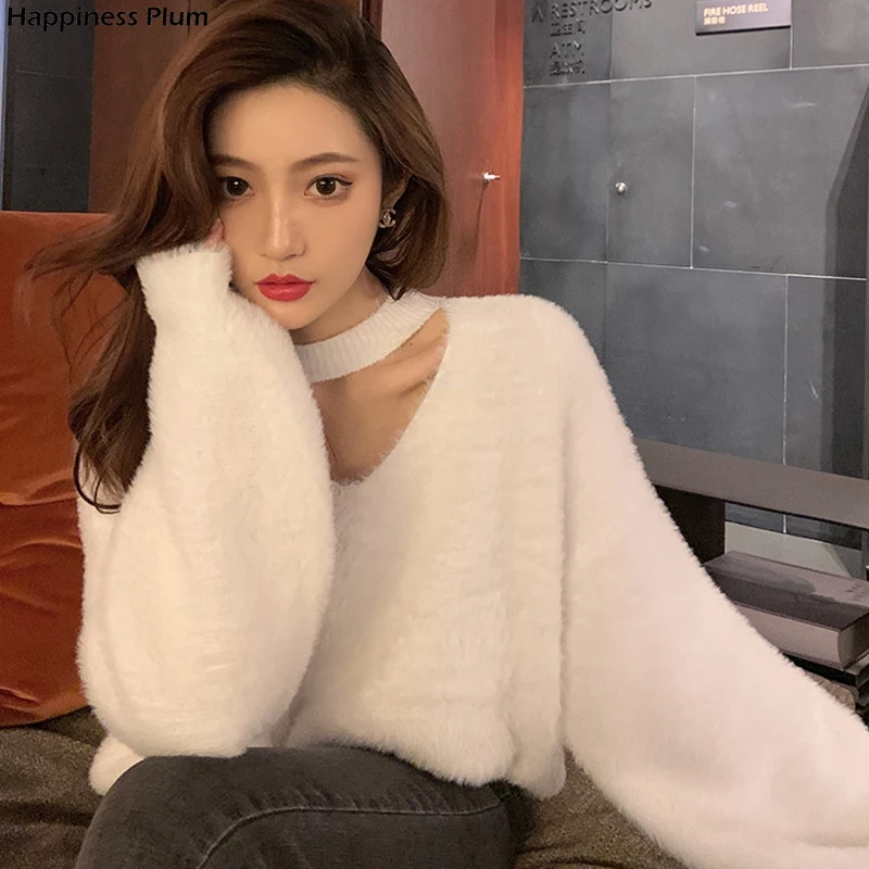 

Halter V-Neck Loose Knitted Sweater Women Mink Cashmere Jumpers Oversized Elastic Casual Pullovers Lantern Sleeve Vintage