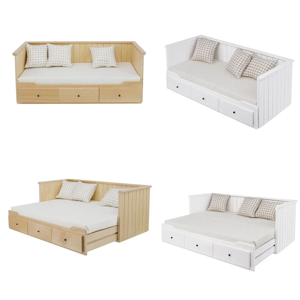 

Modern Wooden Dollhouse Miniature Furniture Sofa Bed Drawer Bed 1:12 Bed Set Doll Decor with 2pc mattresses and 3pc Pillow