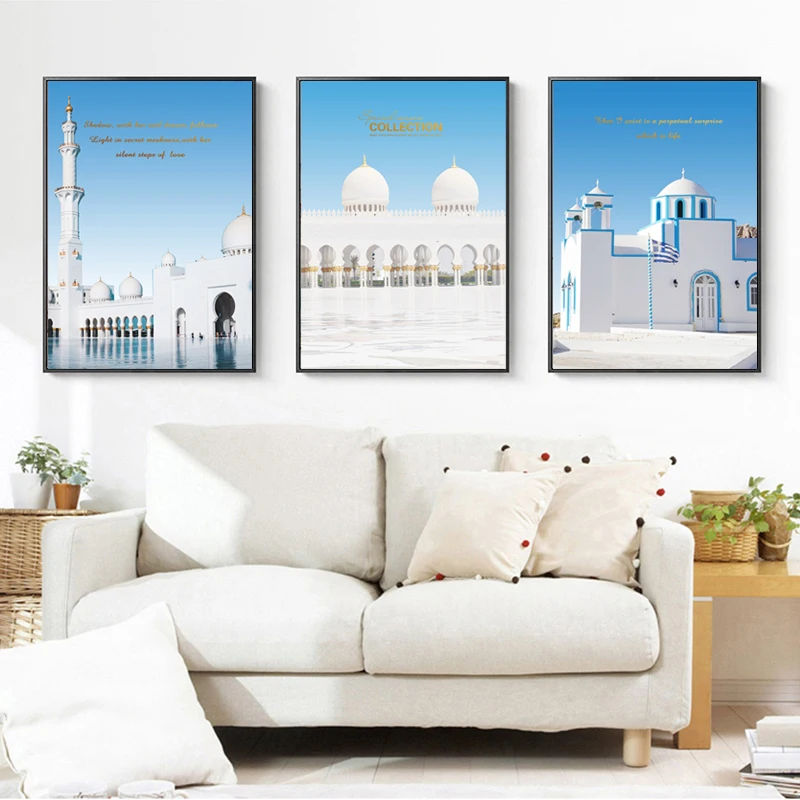 

European Castle Architecture Wall Painting White Building Blue Sky Photography Art Printing Nordic Home Frameless Canvas Poster