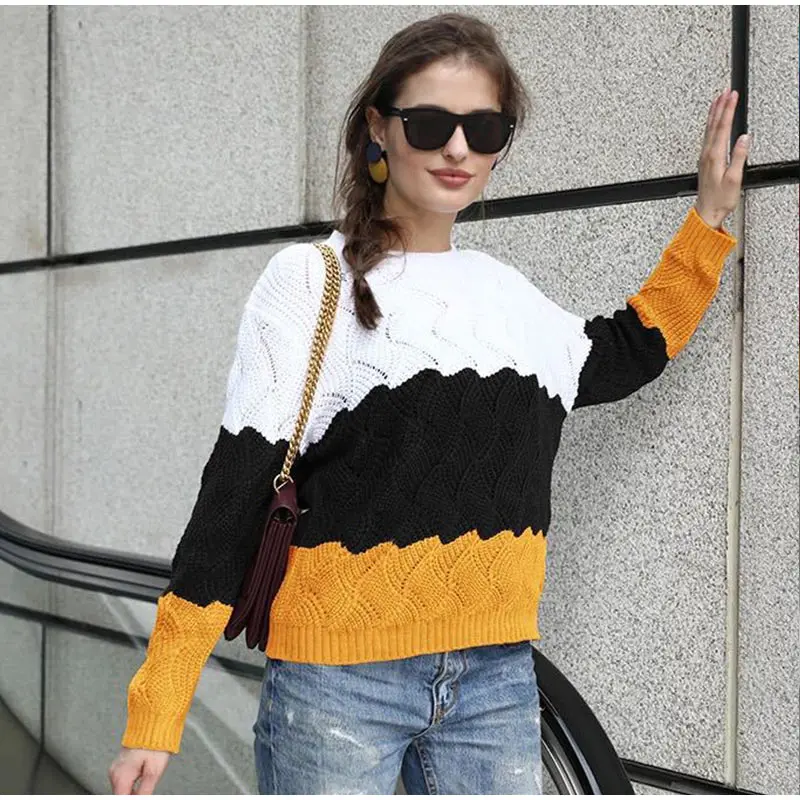 

Hollow Out Panelled Pullovers Women's Sweater O-neck Criss Cross Knitted Sweater Female 2021 Ladies Autumn Jumper Sweaters