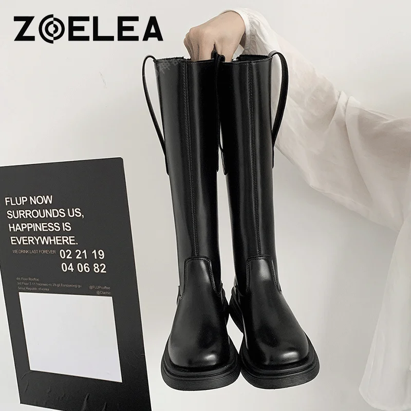 

Women Zip Leather Knee High Boots 2021 Women's Black Long Knight Boots Female Combat Boots Women Low Heels Shoes Plus Size 40