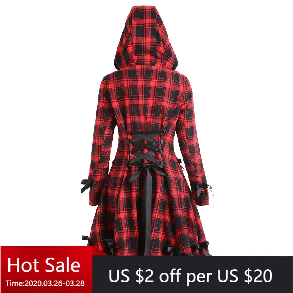 Осенне зимний Готический плащ винтажное красное черное клетчатое пальто размера