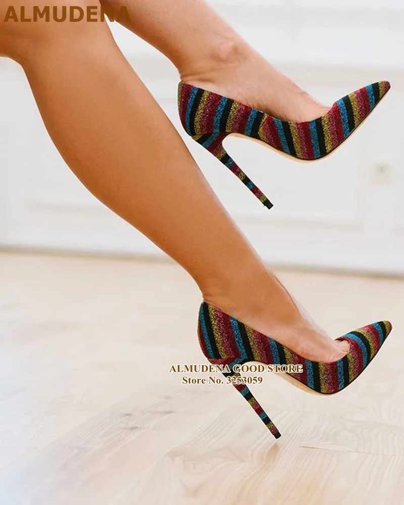 ALMUDENA Multi-Color Sequined High Heel Pumps Colorful Rainbow Stripe Bling Bling Dress Shoes Stiletto Heels Bling Bling Pumps