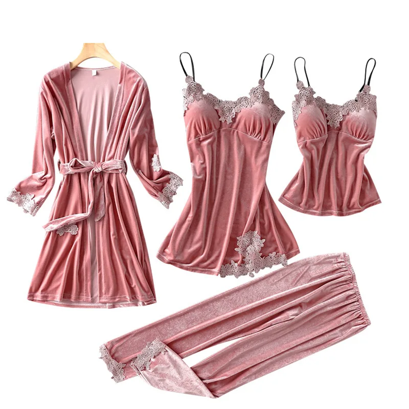 

Autumn Winter Women 4PCS Pajamas Set Navy Blue Velvet Sleepwear Casual Kimono Bathrobe Gown Sexy Lace Nightwear Home Clothes