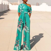 summer printed jumpsuits irregular shoulder sleeves with sashes wide leg women floral vacation overall female bodysuit big size