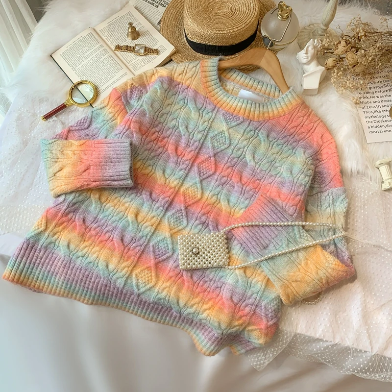 

Gentle Japanese Thicken Pullover Girl Rainbow Print Lazy Korean Loose Knitted Sweater Female Autumn Winter Outer Jumper Tops