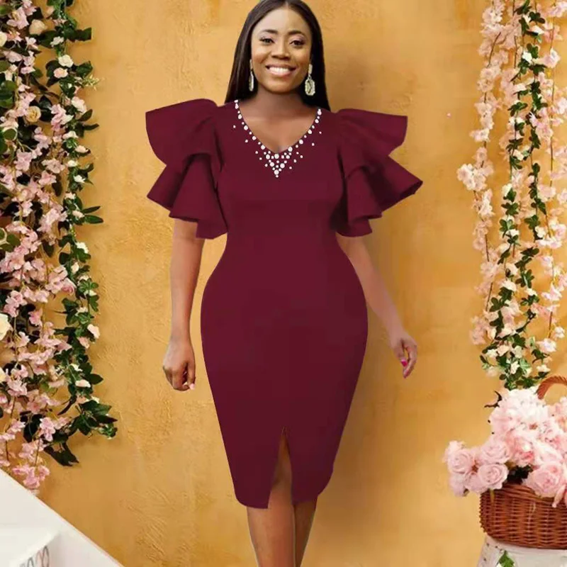 

2021 African Burgundy Short Prom Dresses Split Mermaid Split Lotus Leaf Sleeves Stitching Beading V neck Party Cocktail Gowns