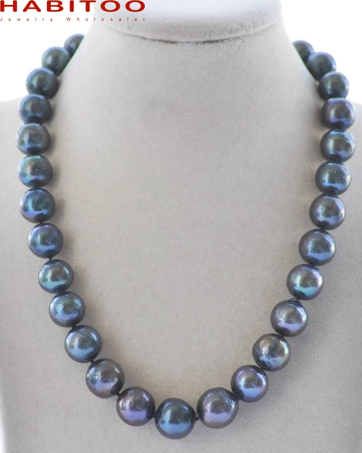 

Design Natural 13-15mm Peacock Black Round Freshwater Pearl Necklace CZ 925 Sterling silver Clasp Long 18inch For Women Gift